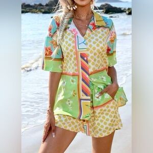 Casual Tropical Loose Fit Floral Print Blouse & Shorts Two-Piece Set